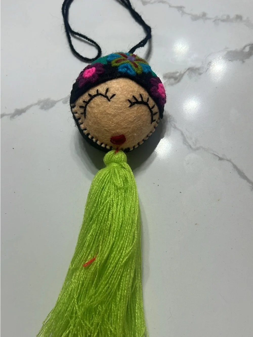 Felt Doll Tassel Necklace with Neon Green Fringe